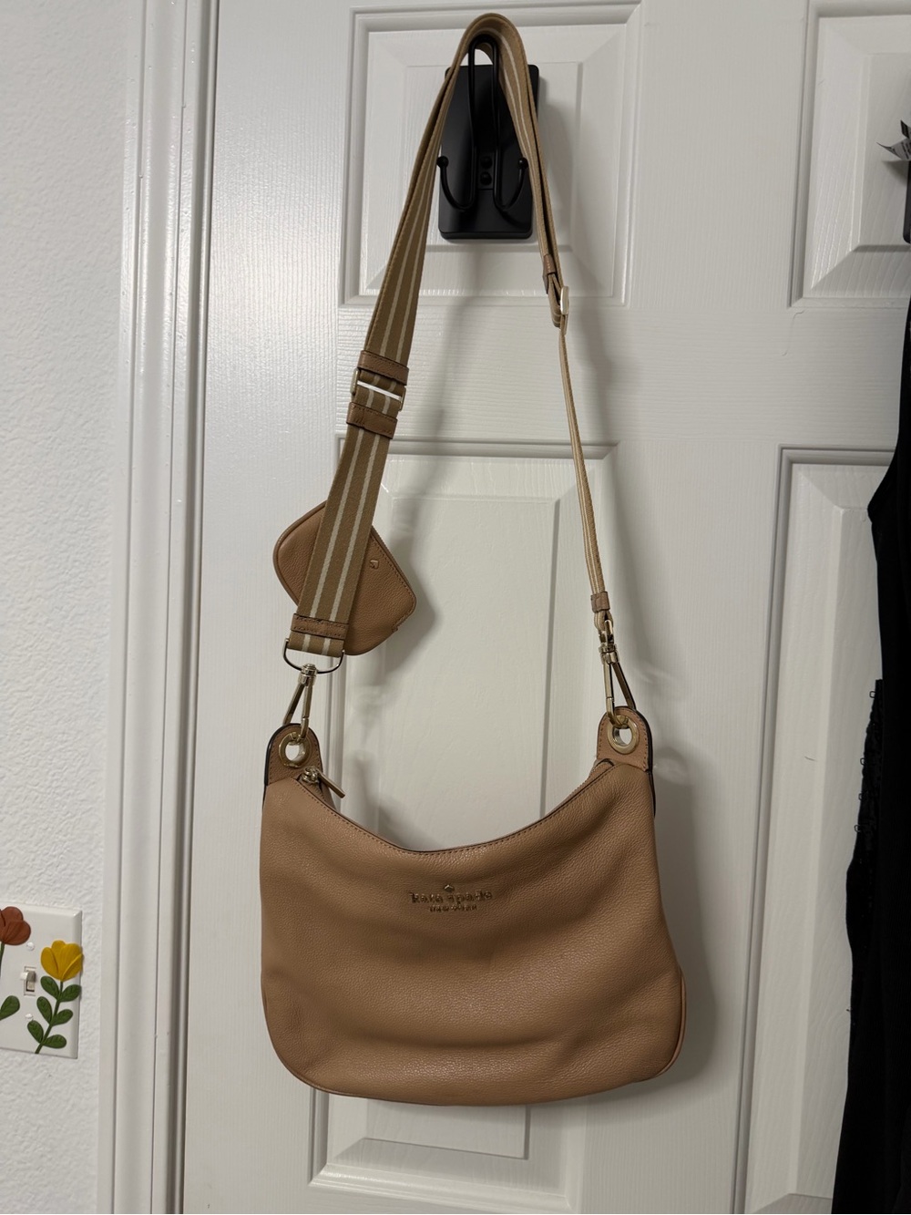 Kate Spade Rosie Light Fawn Leather Crossbody Striped Strap Coin Pouch